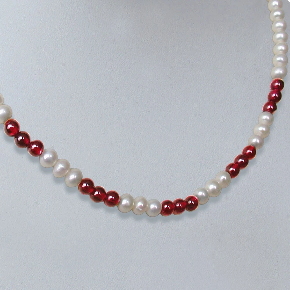 Charisma - Single Line Real Freshwater Pearl & Red Garnet Beads Necklace for Women (SN236)
