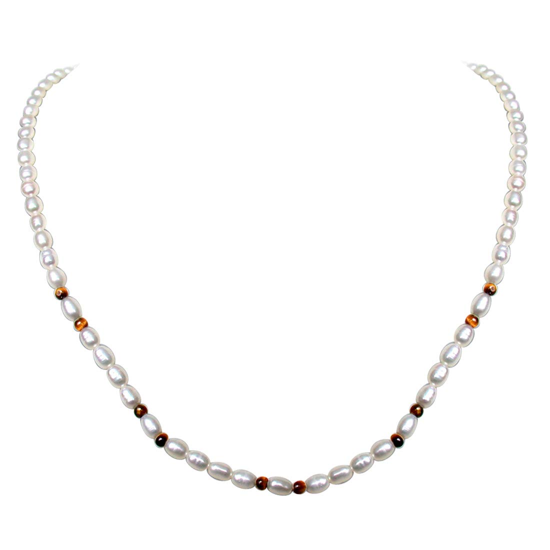 Fascination - Single Line Real Rice Pearl & Tiger Eye Beads Necklace for Women (SN237)