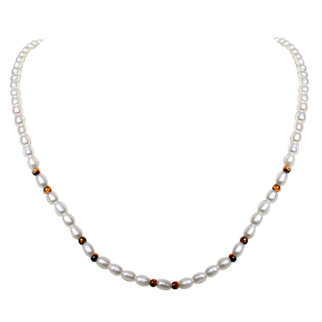 Fascination - Single Line Real Rice Pearl & Tiger Eye Beads Necklace for Women (SN237)