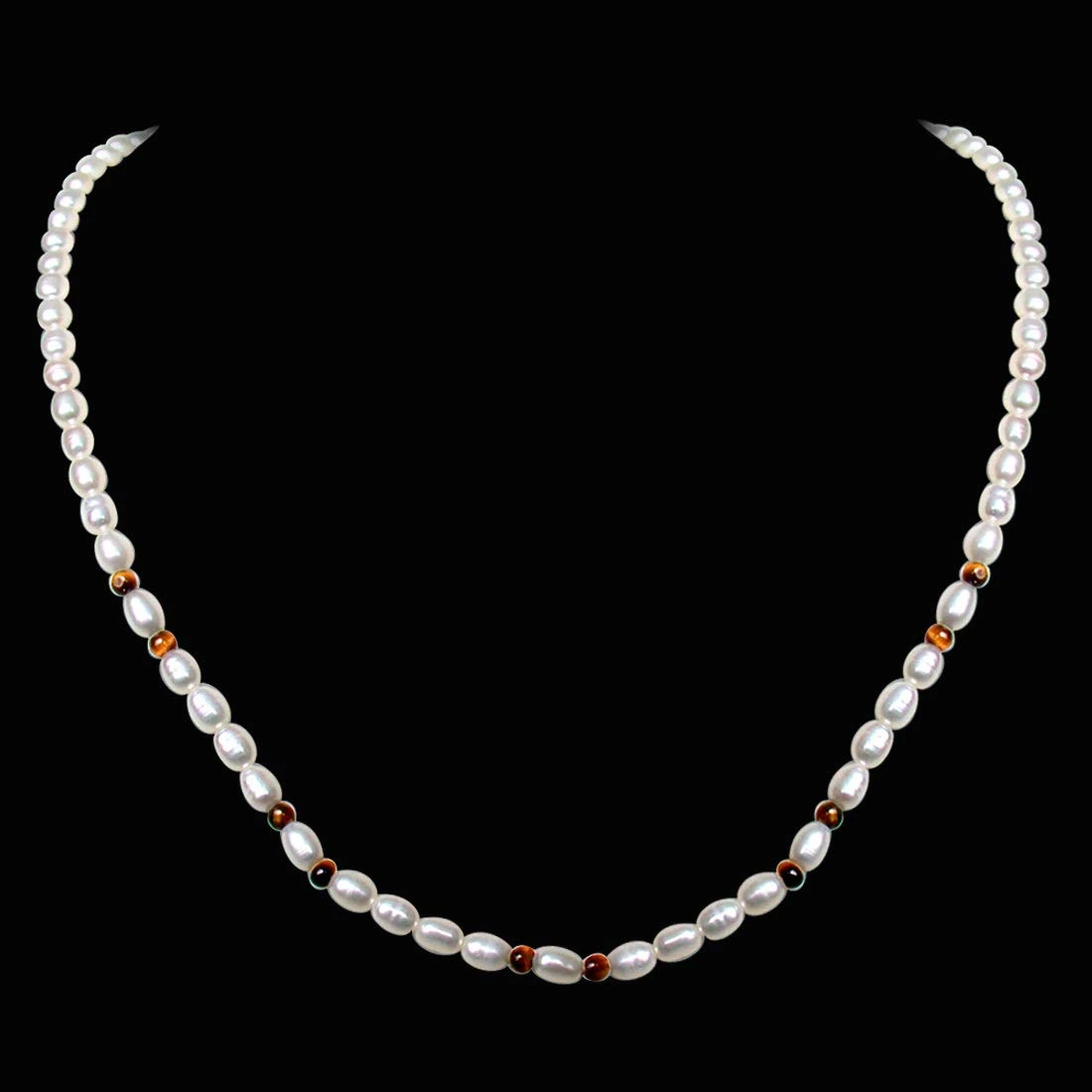 Fascination - Single Line Real Rice Pearl & Tiger Eye Beads Necklace for Women (SN237)