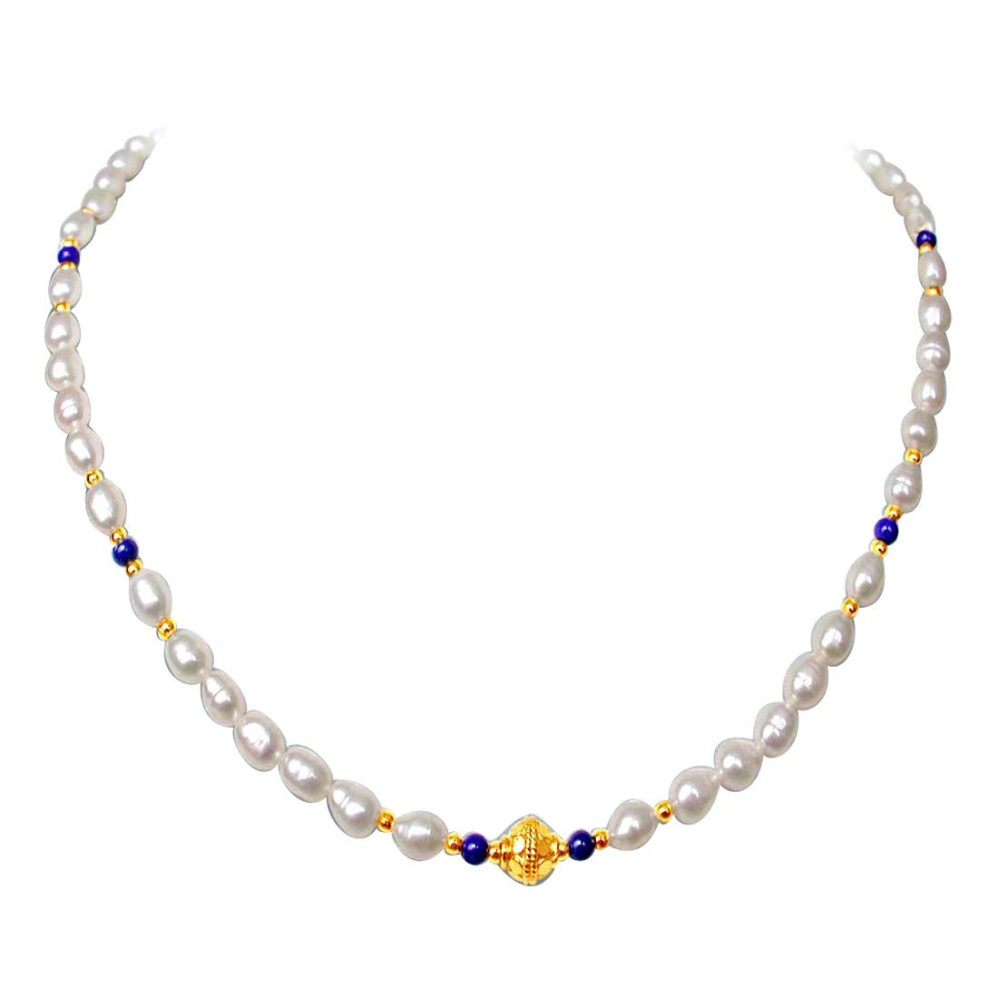 Ethereal - Single Line Real Rice Pearl & Blue Lapiz Beads Necklace for Women (SN238)
