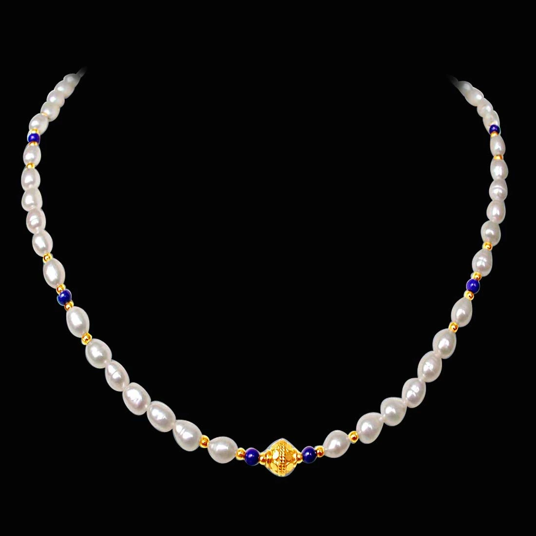 Ethereal - Single Line Real Rice Pearl & Blue Lapiz Beads Necklace for Women (SN238)