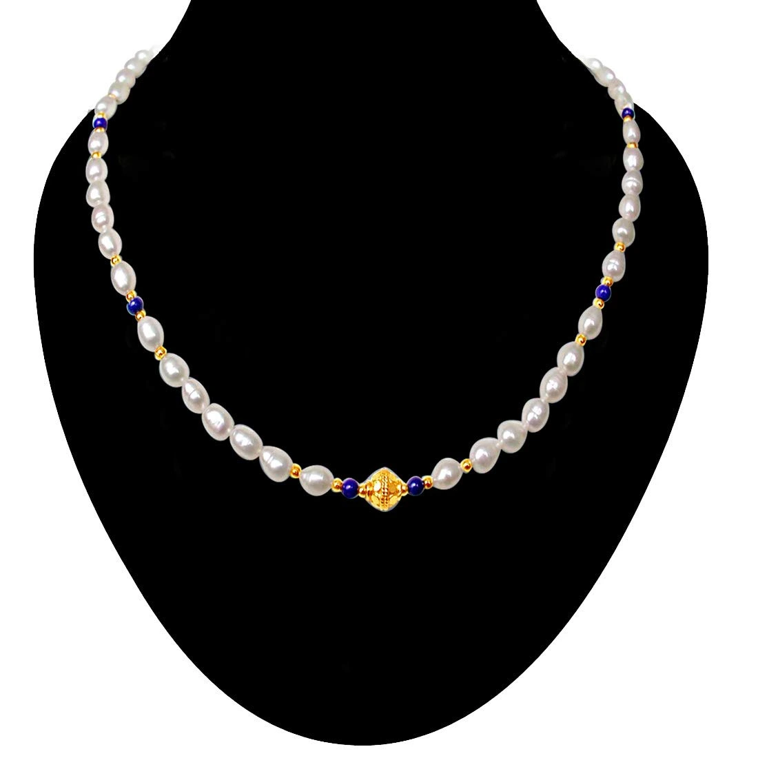 Ethereal - Single Line Real Rice Pearl & Blue Lapiz Beads Necklace for Women (SN238)