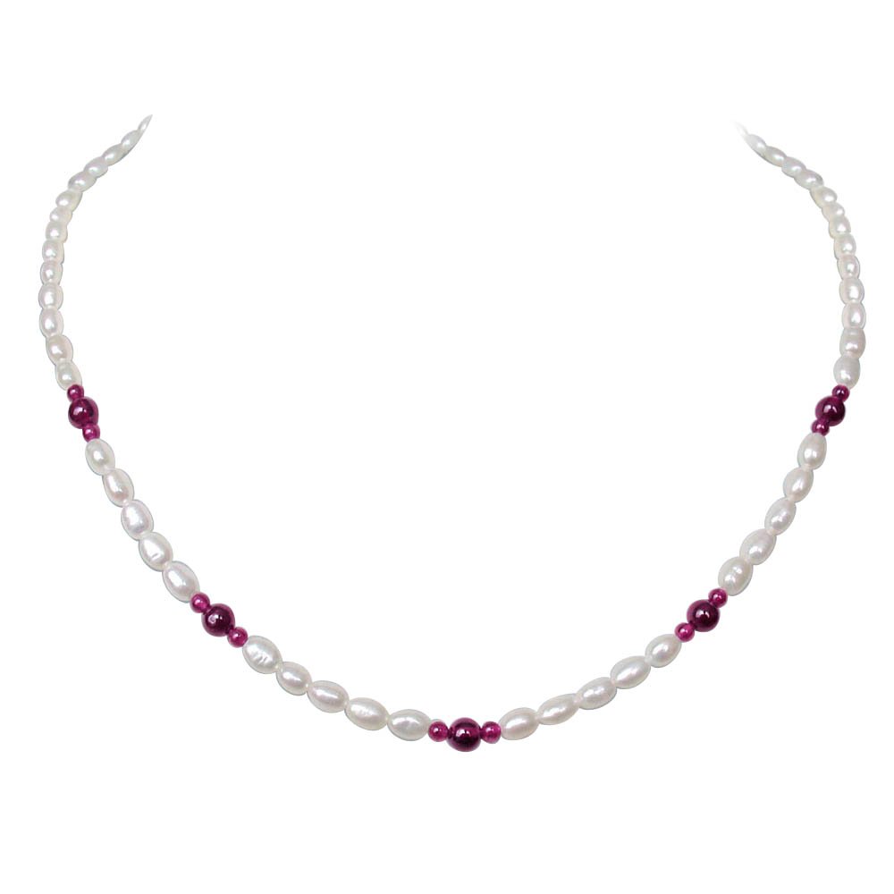 Finesse - Single Line Real Rice Pearl & Big & Small Red Garnet Beads Necklace for Women (SN239)