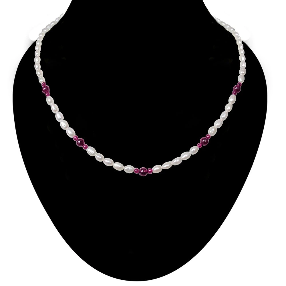 Finesse - Single Line Real Rice Pearl & Big & Small Red Garnet Beads Necklace for Women (SN239)