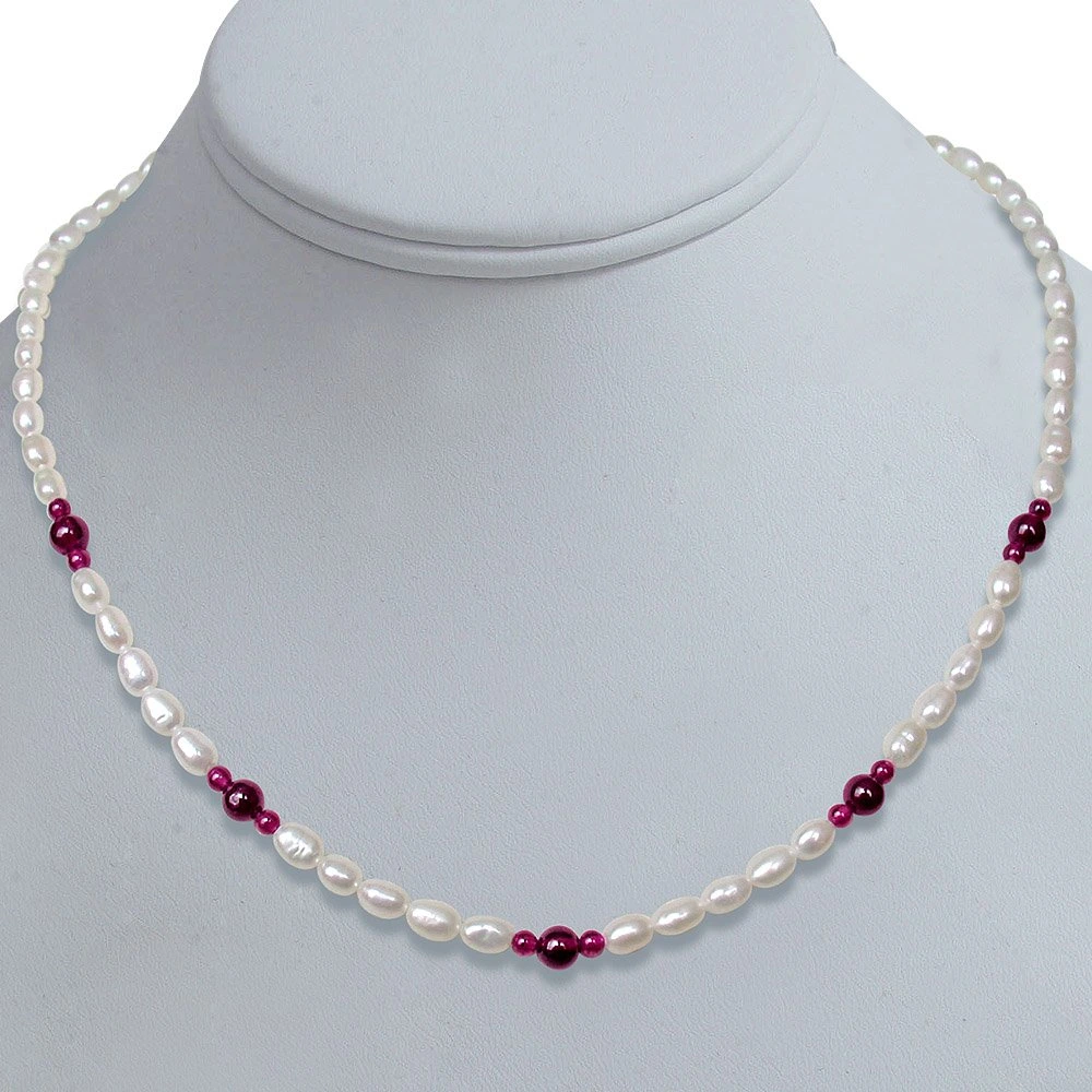 Finesse - Single Line Real Rice Pearl & Big & Small Red Garnet Beads Necklace for Women (SN239)