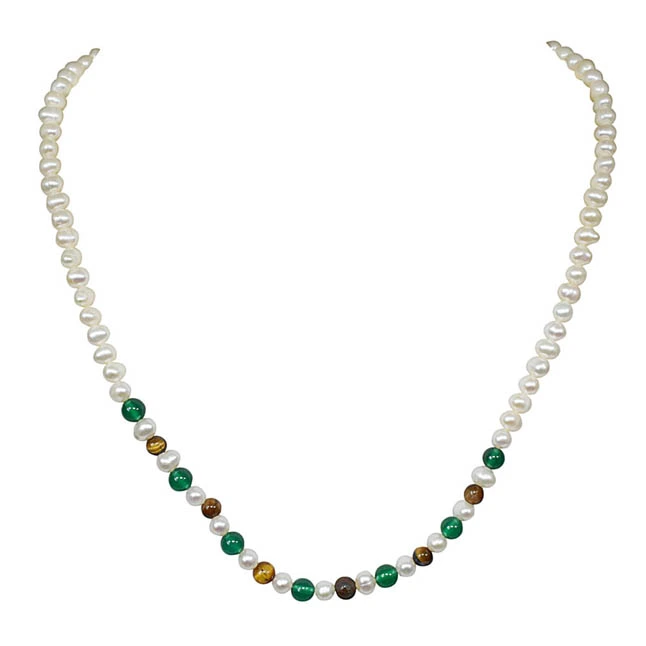 Infatuation - Single Line Real Freshwater Pearl, Green Onyx & Tiger Eye Beads Necklace for Women (SN24)