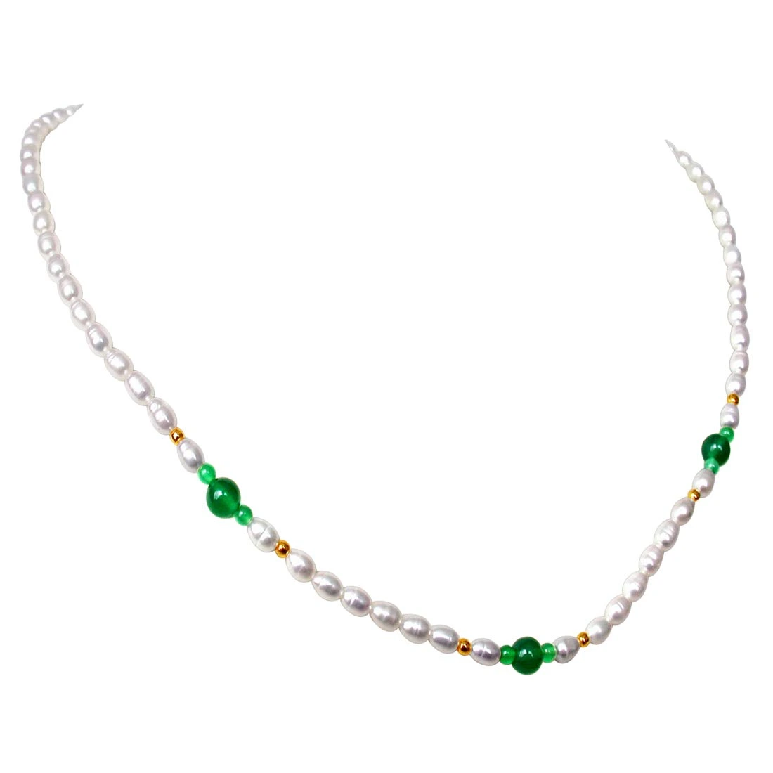 Green n Graceful - Real Rice Pearl & Green Onyx Beads Necklace for Women (SN240)