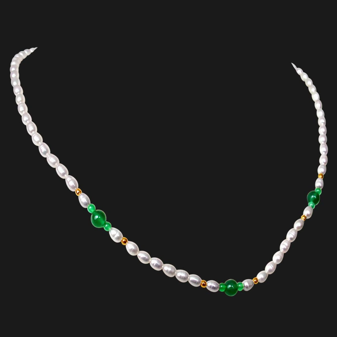 Green n Graceful - Real Rice Pearl & Green Onyx Beads Necklace for Women (SN240)