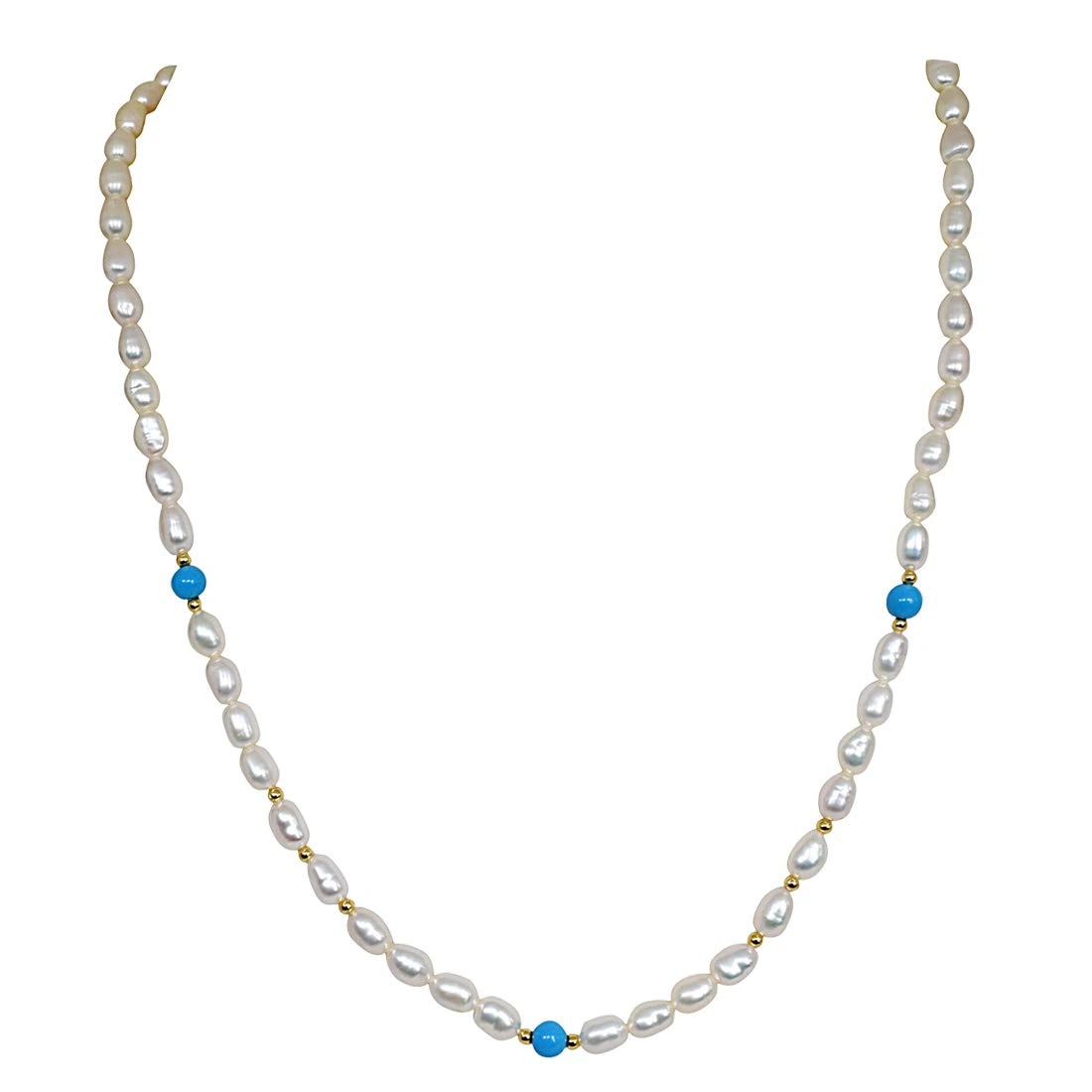 Turquoise Twinkle - Single Line Real Rice Pearl & Turquoise Beads Necklace for Women (SN241)