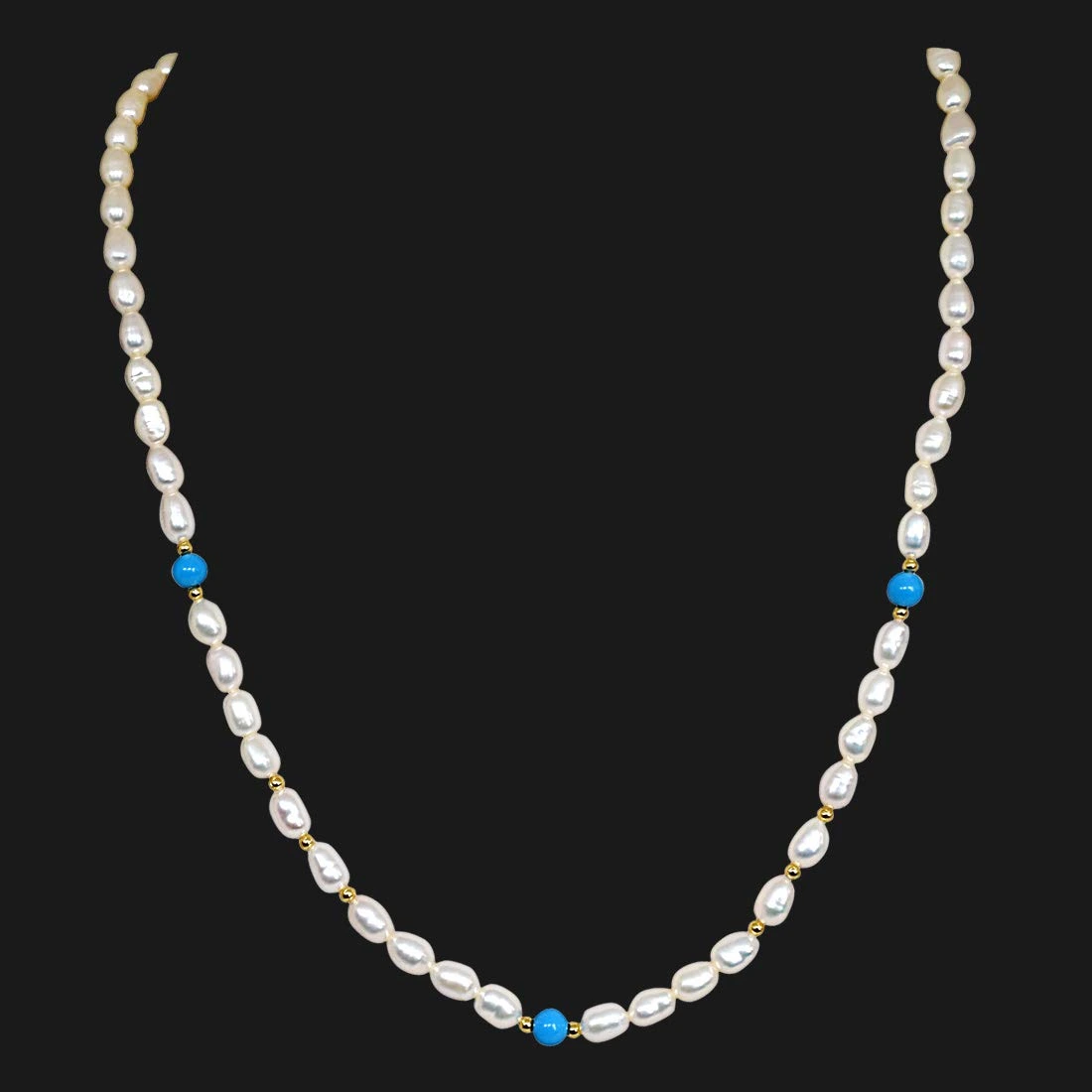 Turquoise Twinkle - Single Line Real Rice Pearl & Turquoise Beads Necklace for Women (SN241)