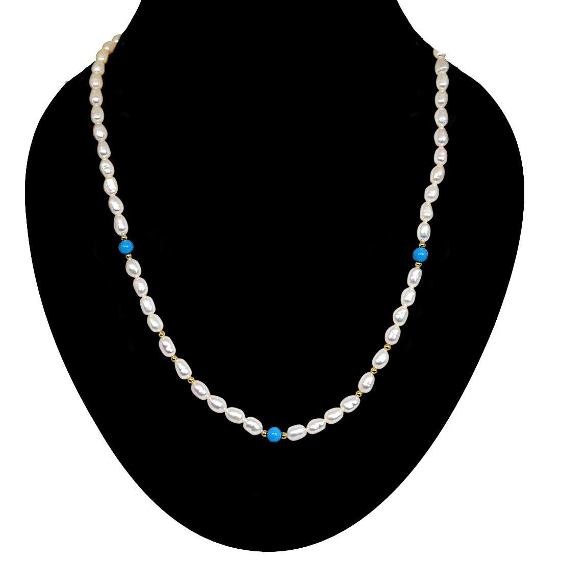 Turquoise Twinkle - Single Line Real Rice Pearl & Turquoise Beads Necklace for Women (SN241)