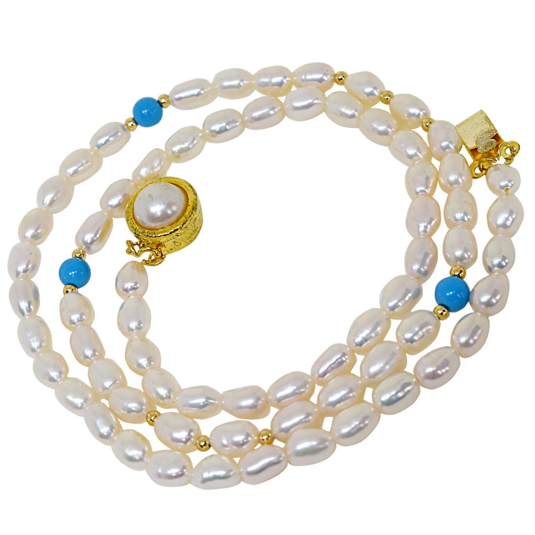 Turquoise Twinkle - Single Line Real Rice Pearl & Turquoise Beads Necklace for Women (SN241)