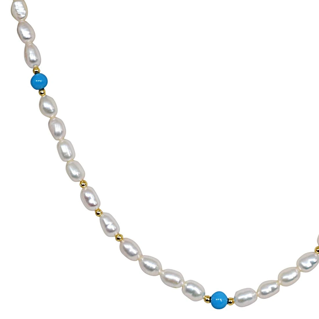 Turquoise Twinkle - Single Line Real Rice Pearl & Turquoise Beads Necklace for Women (SN241)