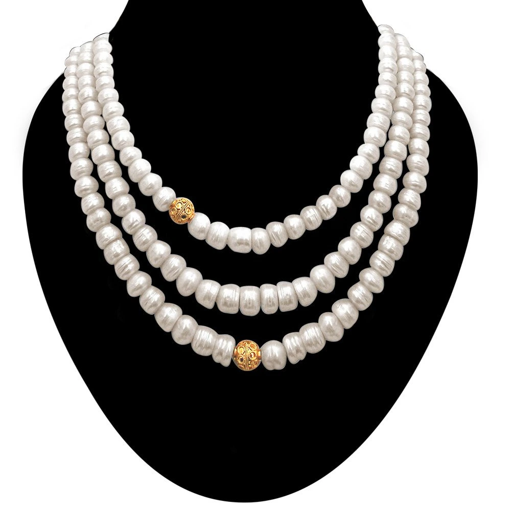 Pearl n Pretty - 3 Line Real Freshwater Pearl & Gold Plated Ball Necklace for Women (SN244)