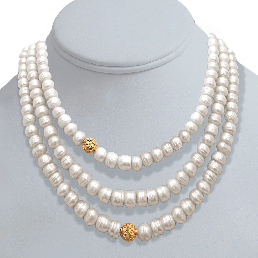 Pearl n Pretty - 3 Line Real Freshwater Pearl & Gold Plated Ball Necklace for Women (SN244)