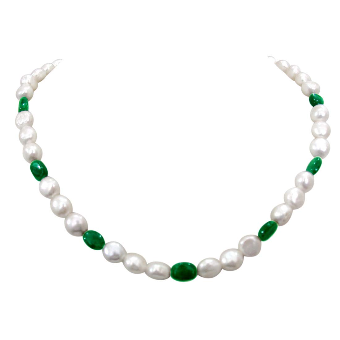 Show Gal - Single Line Freshwater Button Pearl and Green Oval Emerald Necklace for Women (SN246)