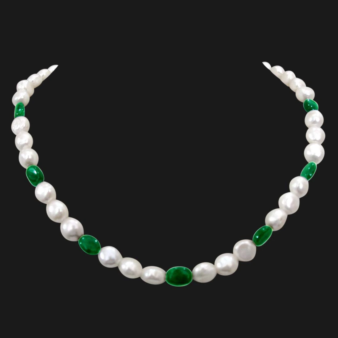 Show Gal - Single Line Freshwater Button Pearl and Green Oval Emerald Necklace for Women (SN246)