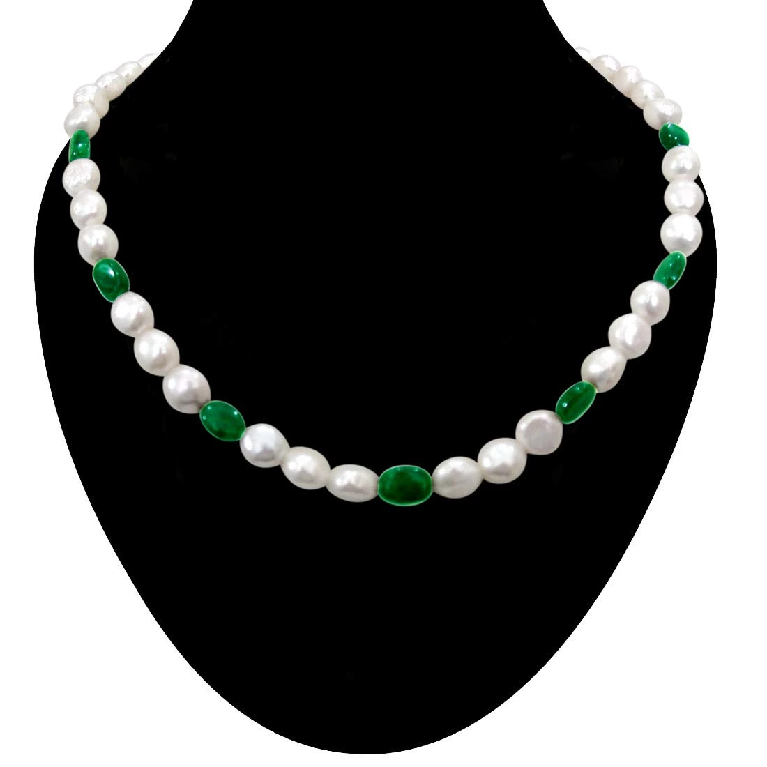 Show Gal - Single Line Freshwater Button Pearl and Green Oval Emerald Necklace for Women (SN246)