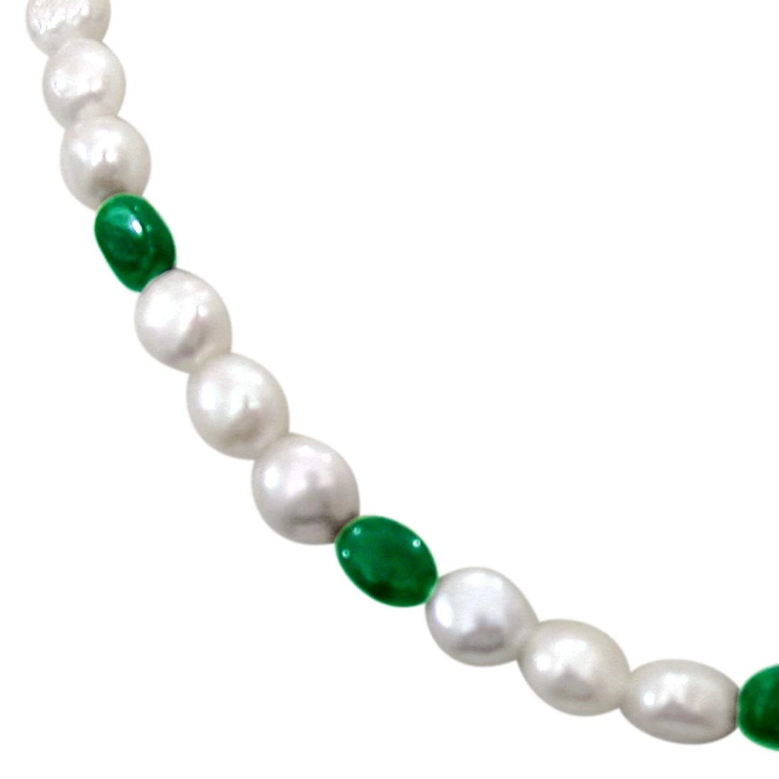 Show Gal - Single Line Freshwater Button Pearl and Green Oval Emerald Necklace for Women (SN246)