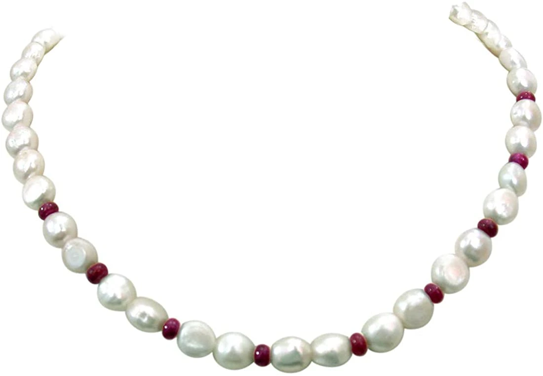 Shining Surprise - Single Line Real Freshwater Pearl & Small Red Ruby Beads Necklace for Women (SN247)