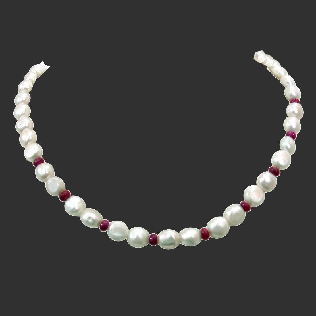 Shining Surprise - Single Line Real Freshwater Pearl & Small Red Ruby Beads Necklace for Women (SN247)