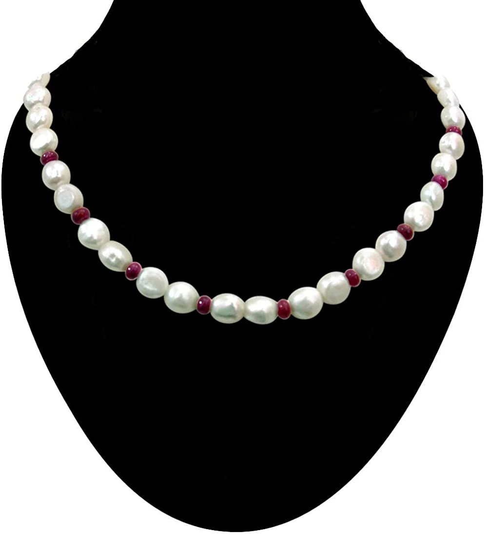 Shining Surprise - Single Line Real Freshwater Pearl & Small Red Ruby Beads Necklace for Women (SN247)