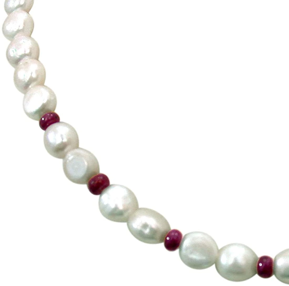 Shining Surprise - Single Line Real Freshwater Pearl & Small Red Ruby Beads Necklace for Women (SN247)