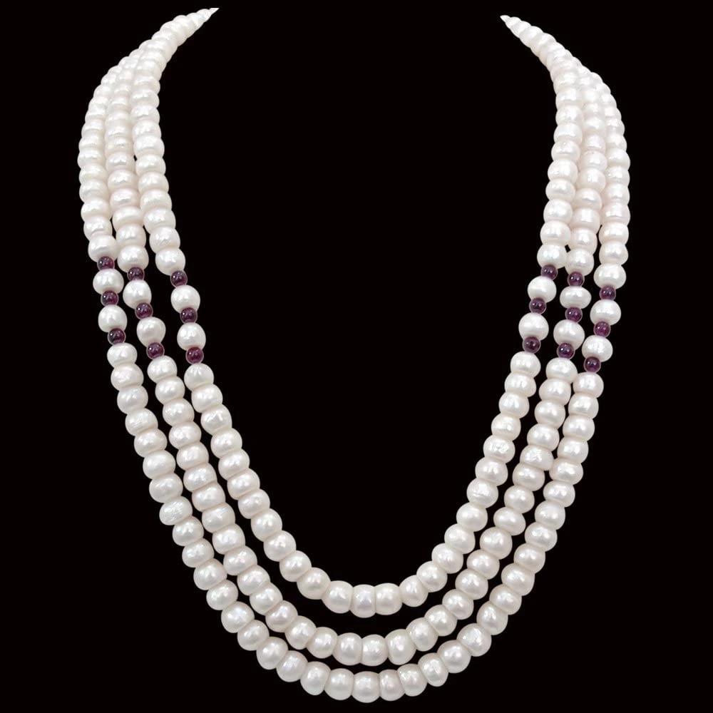 Candy Floss - 3 Line Real Freshwater Pearl Necklace for Women with Small Red Garnet (SN249)