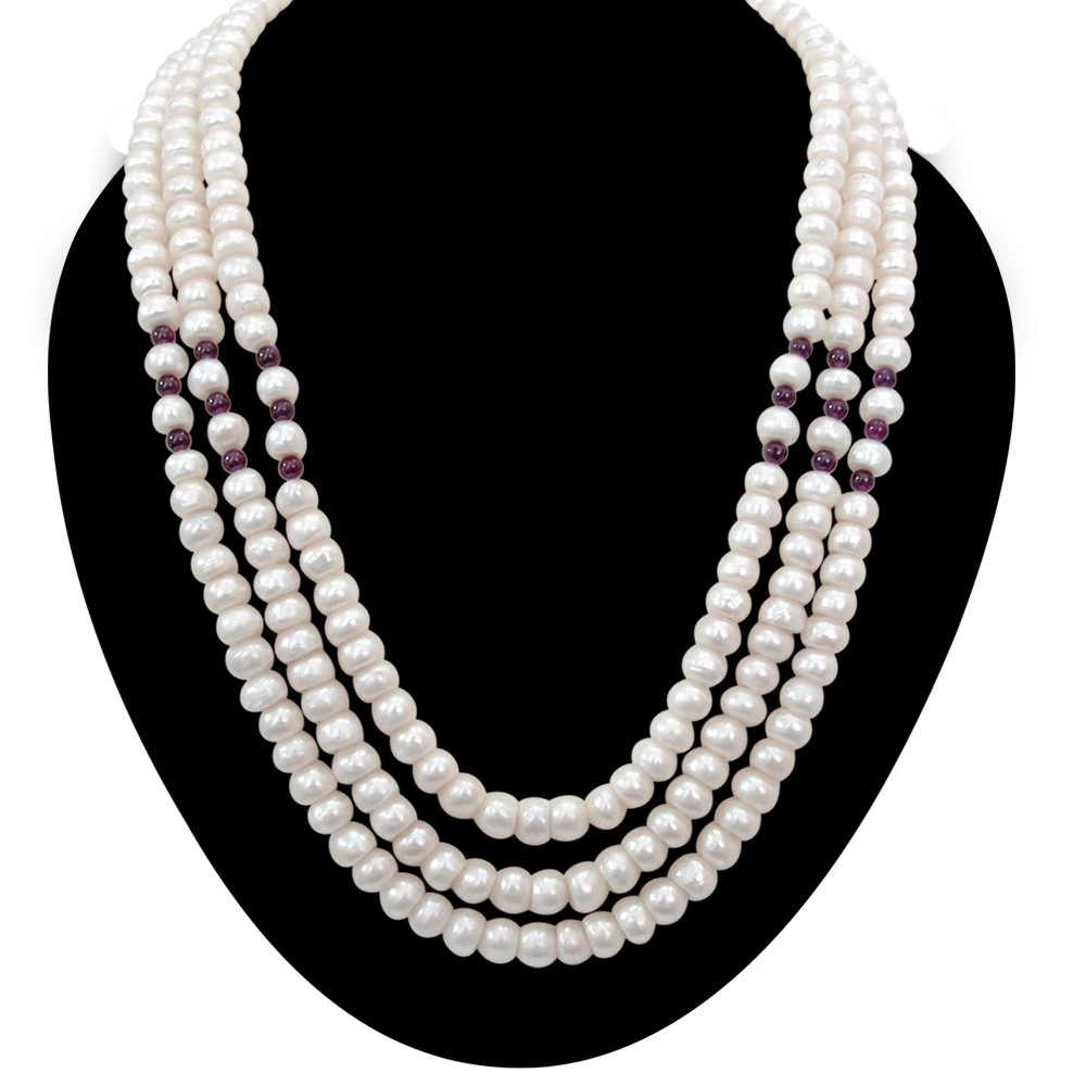 Candy Floss - 3 Line Real Freshwater Pearl Necklace for Women with Small Red Garnet (SN249)