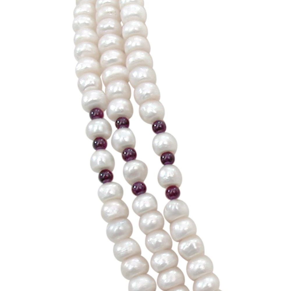 Candy Floss - 3 Line Real Freshwater Pearl Necklace for Women with Small Red Garnet (SN249)