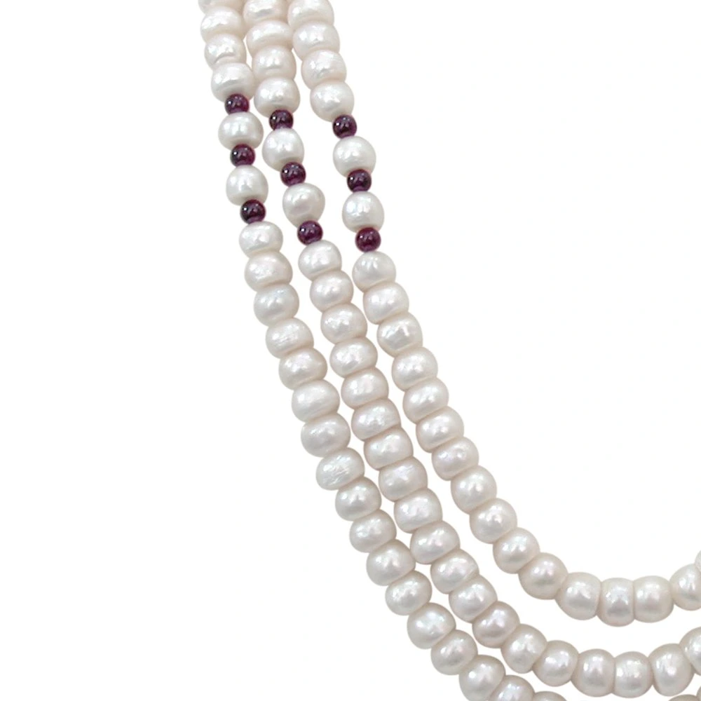 Candy Floss - 3 Line Real Freshwater Pearl Necklace for Women with Small Red Garnet (SN249)