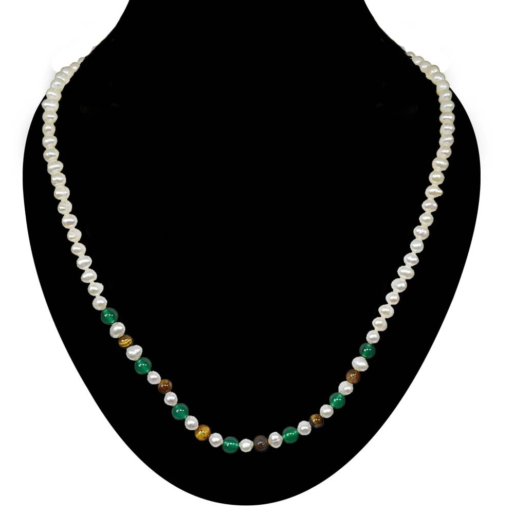 Infatuation - Single Line Real Freshwater Pearl, Green Onyx & Tiger Eye Beads Necklace for Women (SN24)