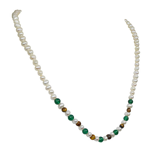 Infatuation - Single Line Real Freshwater Pearl, Green Onyx & Tiger Eye Beads Necklace for Women (SN24)