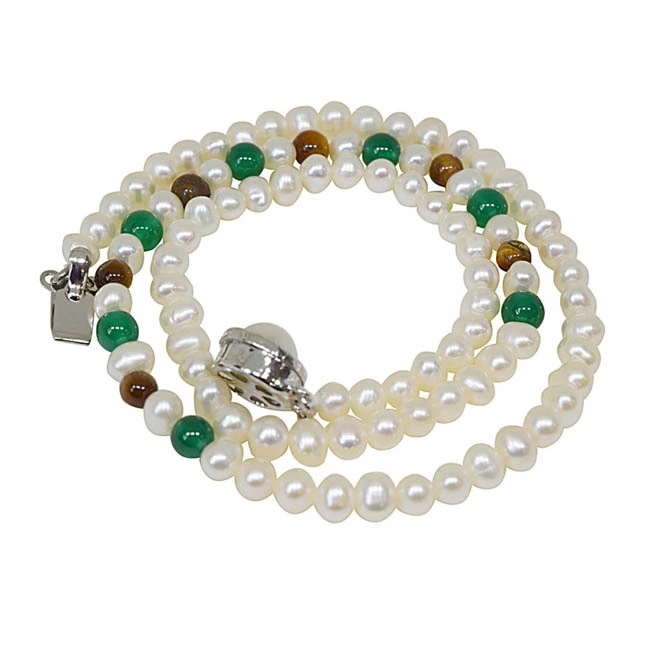 Infatuation - Single Line Real Freshwater Pearl, Green Onyx & Tiger Eye Beads Necklace for Women (SN24)