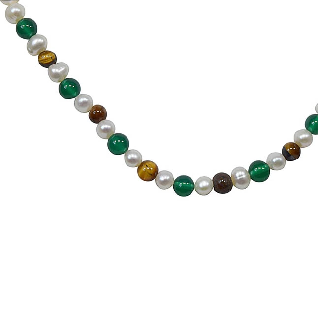 Infatuation - Single Line Real Freshwater Pearl, Green Onyx & Tiger Eye Beads Necklace for Women (SN24)