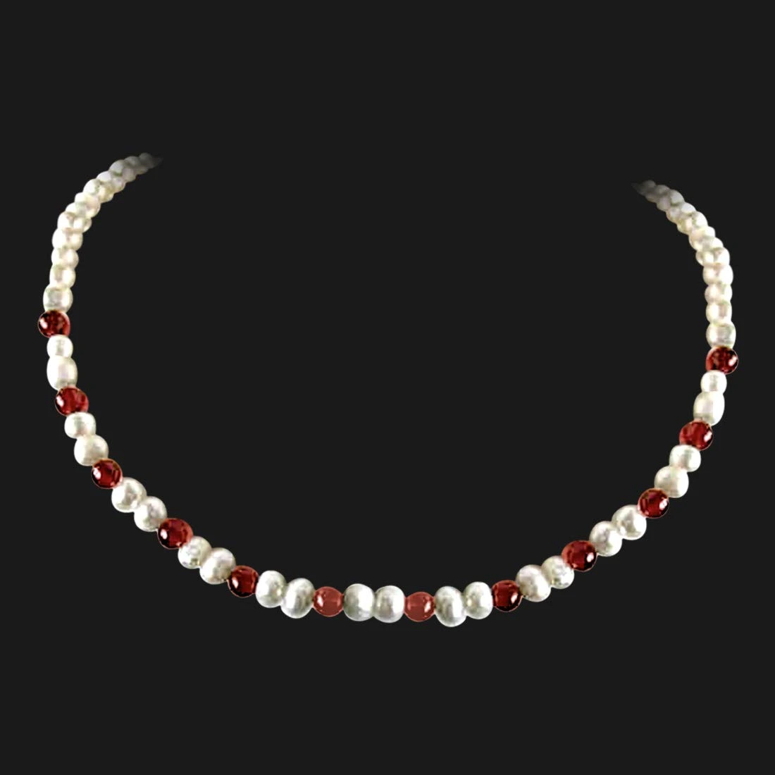 Illusion - Single Line Real Freshwater Pearl & Red Garnet Beads Necklace for Women (SN25)