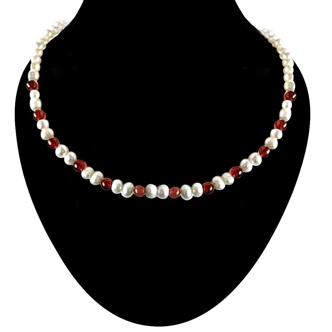 Illusion - Single Line Real Freshwater Pearl & Red Garnet Beads Necklace for Women (SN25)