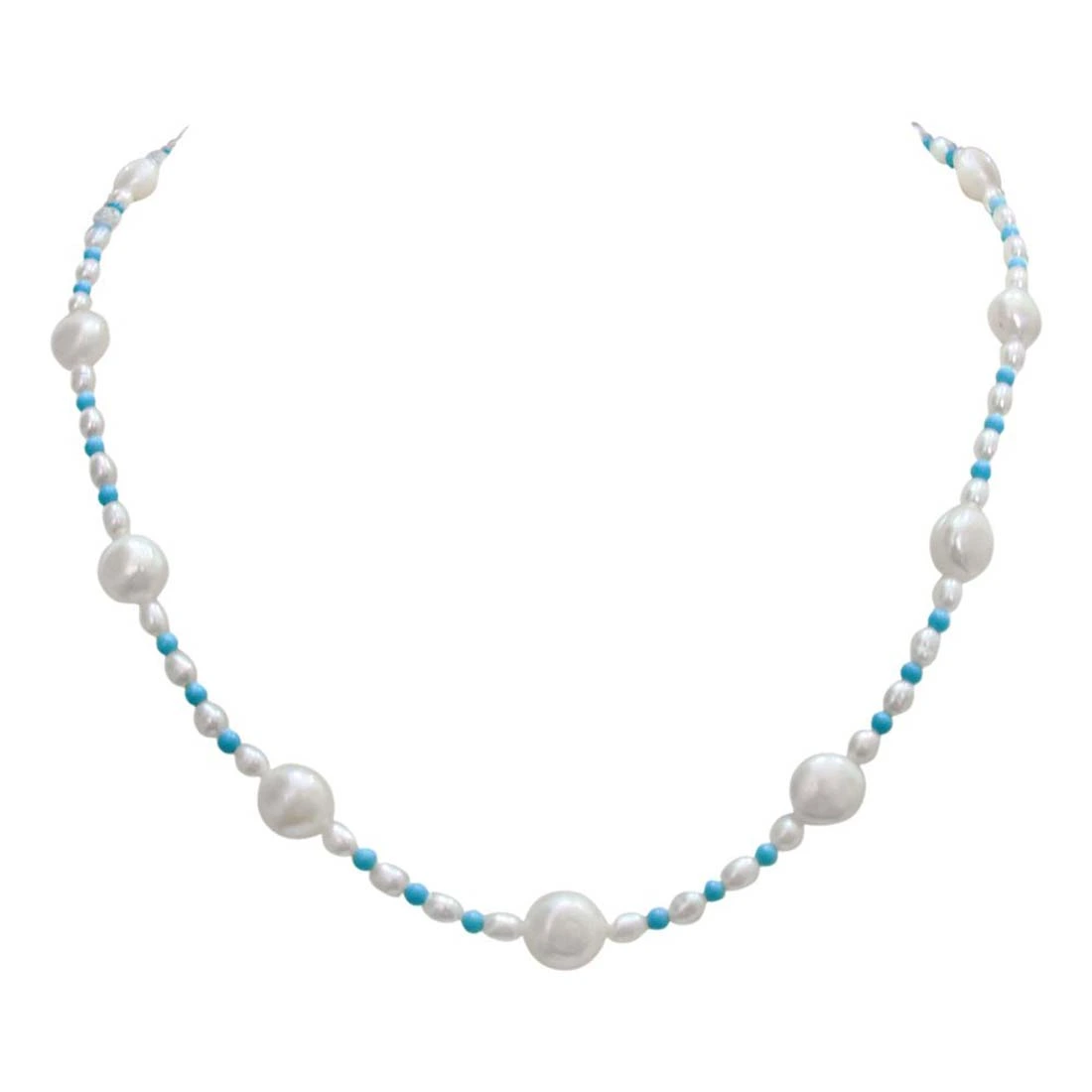 Single line Real Freshwater & Rice Pearl & Round Blue Turquoise Beads Necklace (SN260)