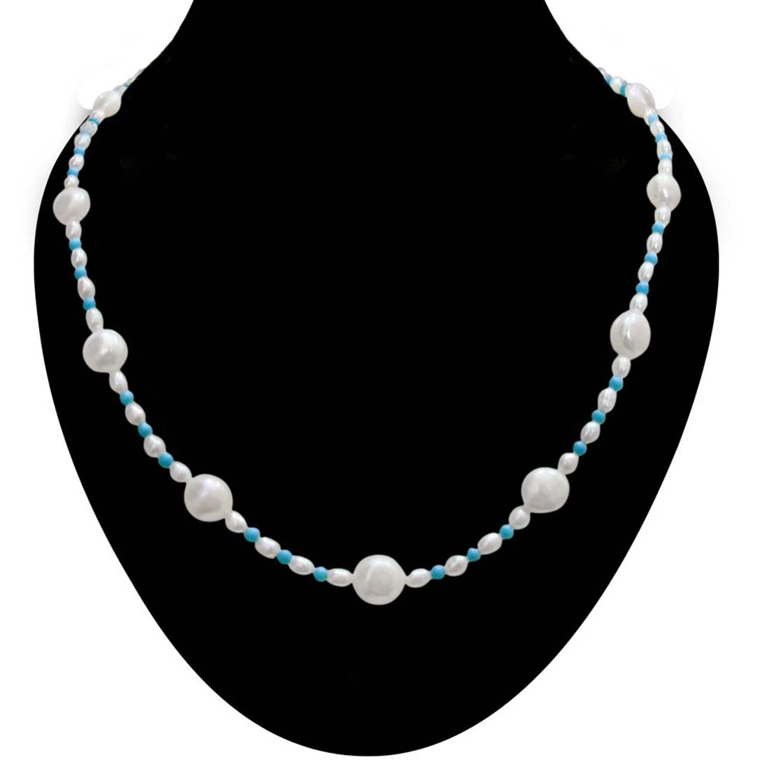 Single line Real Freshwater & Rice Pearl & Round Blue Turquoise Beads Necklace (SN260)