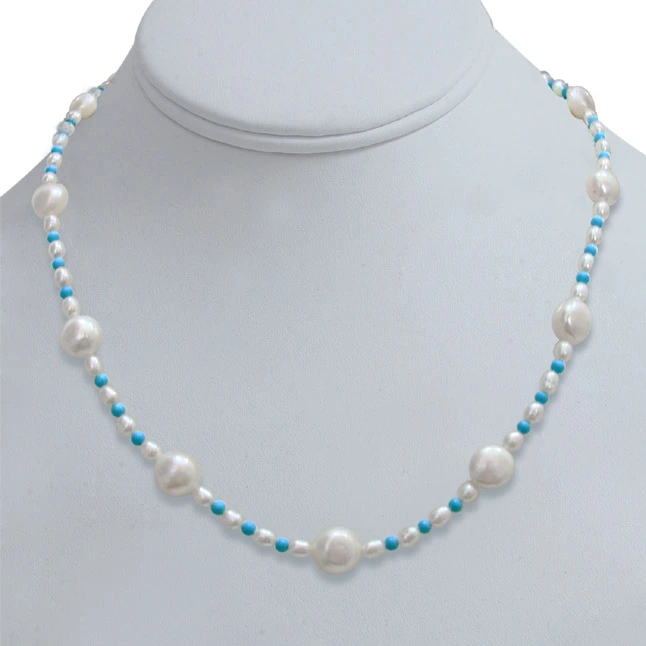 Single line Real Freshwater & Rice Pearl & Round Blue Turquoise Beads Necklace (SN260)