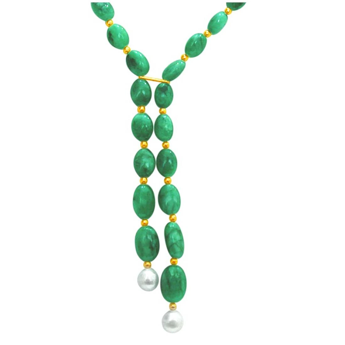 Emerald Beauty - Single Line Real Green Oval Emerald, Freshwater Pearl & Gold Plated Beads Necklace for Women (SN261)