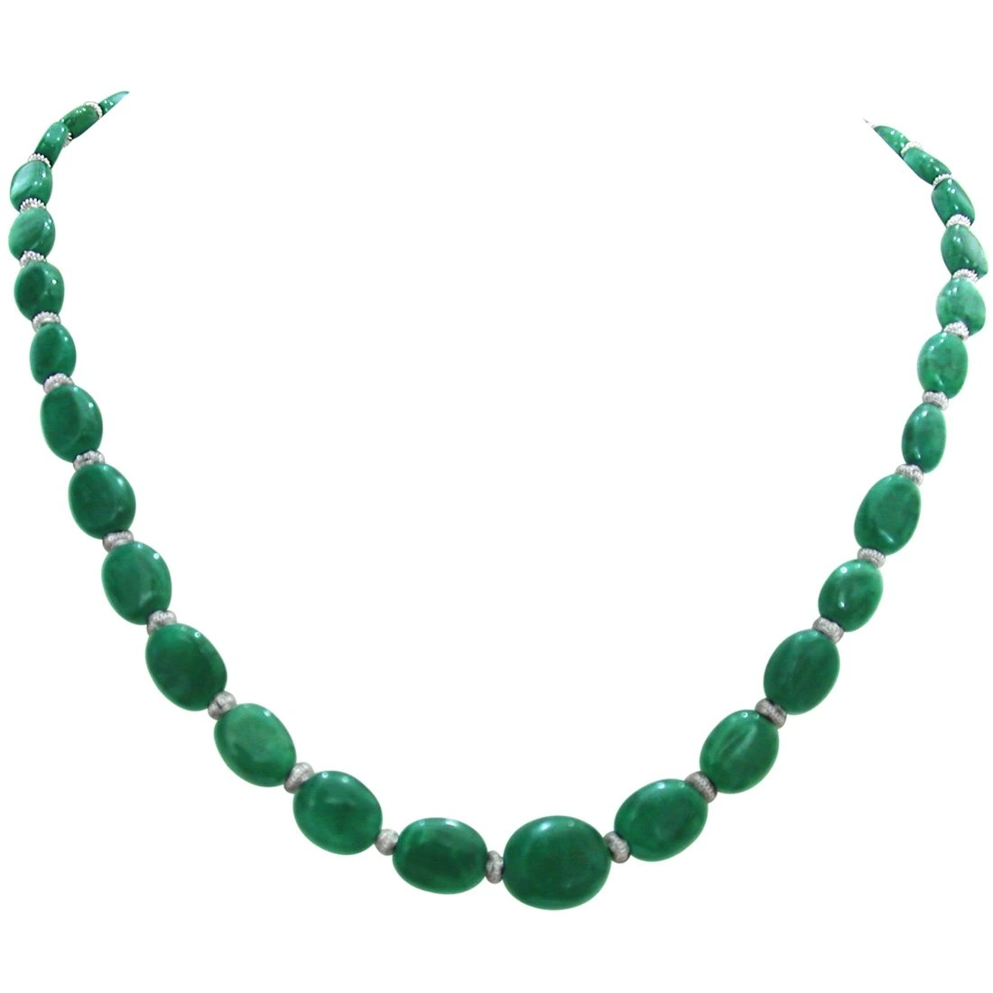 Single Line Real Green Oval Emerald & Silver Plated Beads Necklace (SN262)