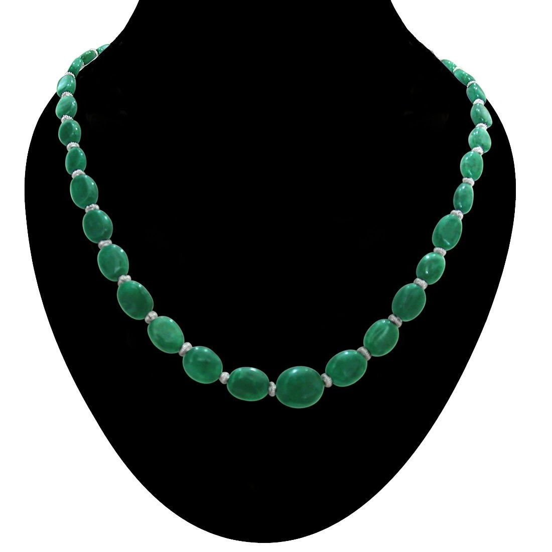 Single Line Real Green Oval Emerald & Silver Plated Beads Necklace (SN262)