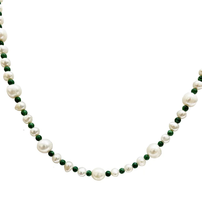 Pearl Diva - Single line Real Freshwater & Rice Pearl & Round Green Malachite Beads Necklace (SN265)