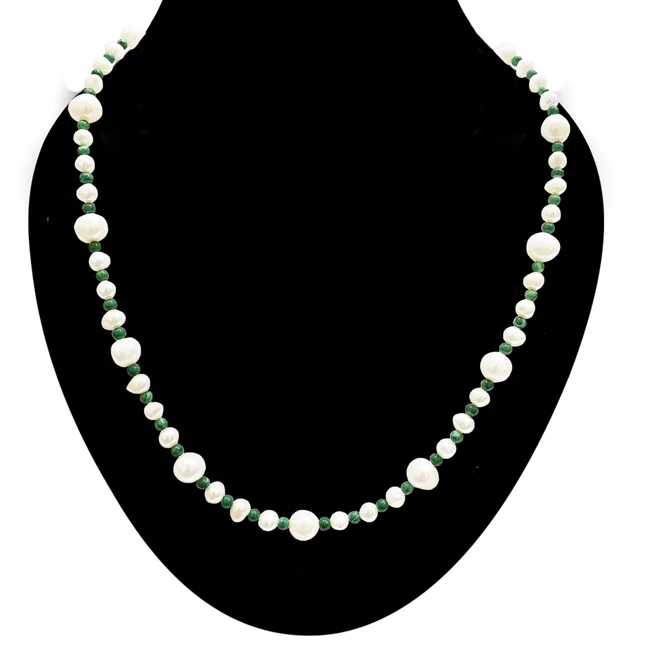 Pearl Diva - Single line Real Freshwater & Rice Pearl & Round Green Malachite Beads Necklace (SN265)