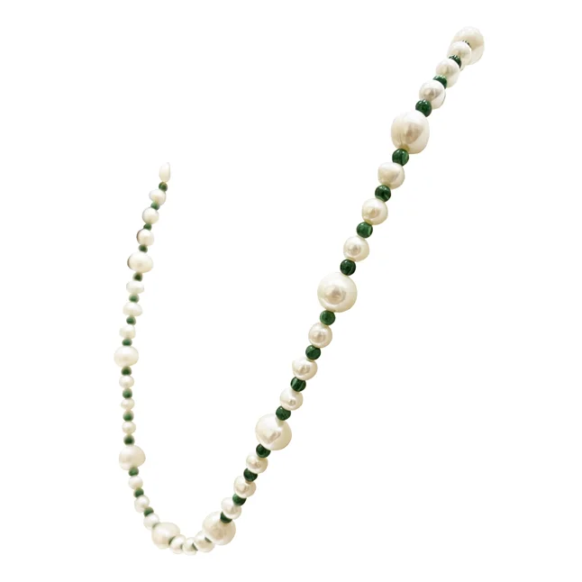 Pearl Diva - Single line Real Freshwater & Rice Pearl & Round Green Malachite Beads Necklace (SN265)
