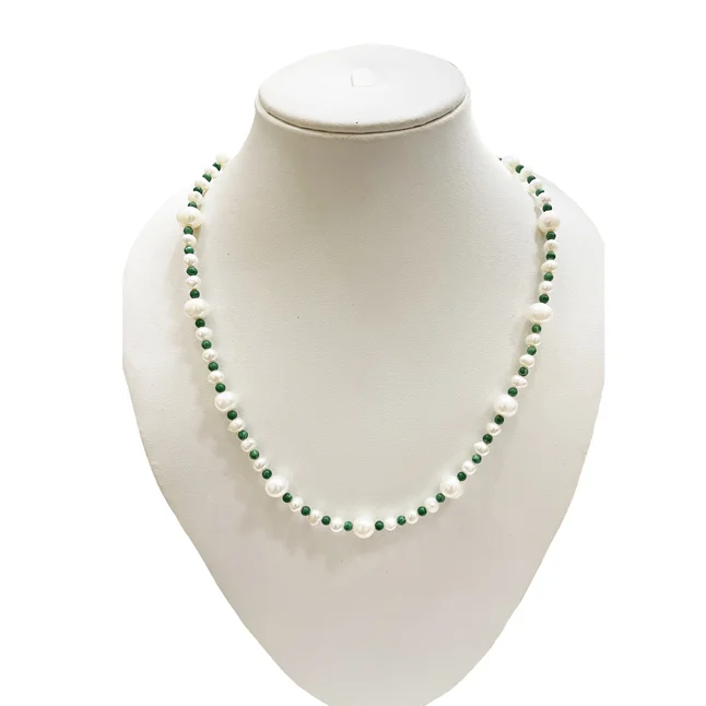 Pearl Diva - Single line Real Freshwater & Rice Pearl & Round Green Malachite Beads Necklace (SN265)