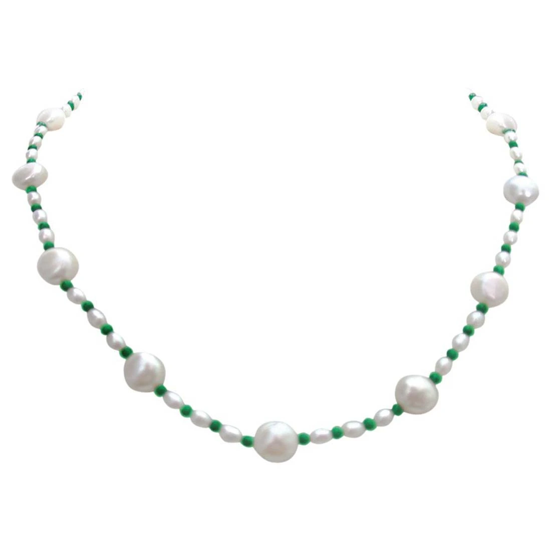 Pearl Diva - Single line Real Freshwater & Rice Pearl & Round Green Malachite Beads Necklace (SN265)