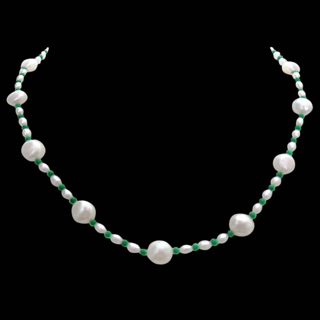 Pearl Diva - Single line Real Freshwater & Rice Pearl & Round Green Malachite Beads Necklace (SN265)